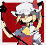  1girl blonde_hair collared_shirt flandre_scarlet flat_chest frilled_hat frilled_shirt frilled_shirt_collar frills hair_between_eyes hat hat_ornament hat_ribbon highres holding holding_weapon laevatein_(touhou) medium_hair mob_cap neckerchief ponytail puffy_short_sleeves puffy_sleeves red_background red_eyes red_ribbon red_vest ribbon shaded_face shirt short_sleeves side_ponytail simple_background slit_pupils smile so_happy_64 touhou two-tone_background vampire vest weapon white_background white_headwear white_shirt yellow_neckerchief 