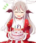  1girl absurdres bat_wings birthday_cake blush breasts brown_wings cake candle commentary_request cowboy_shot cross cross_necklace doridori dress food grey_hair hair_between_eyes head_wings high_priest_(ragnarok_online) highres holding holding_cake holding_food jewelry juliet_sleeves long_bangs long_hair long_sleeves necklace notice_lines open_mouth puffy_sleeves ragnarok_online red_dress sash simple_background small_breasts smile solo two-tone_dress white_background white_dress white_sash white_wings wings 
