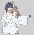  2girls alternate_costume blue_eyes blush brown_eyes brown_hair chain closed_eyes earrings feather_hair hair_intakes hairband holding_hands hololive hololive_english jewelry long_hair mouth_hold multiple_girls nail_polish nanashi_mumei off_shoulder open_mouth ouro_kronii oversized_clothes oversized_shirt ponytail shared_shirt shirt shirt_grab short_hair upper_body virtual_youtuber wada_arco 