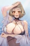  1girl :d alternate_costume arm_under_breasts bare_shoulders bikini black_bikini black_choker blonde_hair breast_hold breasts brown_eyes choker commentary_request commission eyeshadow facing_viewer fire_emblem fire_emblem:_three_houses forehead hand_up highres huge_breasts lipstick looking_at_viewer maitei_roppa makeup manuela_casagranda mature_female mole mole_under_eye orange_eyeshadow orange_lips outdoors pixiv_commission smile solo sparkle swimsuit upper_body wet white_bikini 