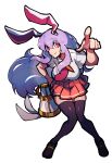  1girl animal_ears black_footwear black_thighhighs breasts highres holding holding_weapon iganashi1 knees_together_feet_apart long_hair lunatic_gun pointing pointing_at_viewer purple_hair rabbit_ears red_eyes red_skirt reisen_udongein_inaba shirt short_hair skirt thighhighs touhou weapon white_background white_shirt zettai_ryouiki 