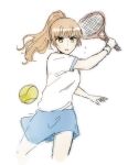  1girl armband ball brown_hair commentary_request green_eyes hand_up highres holding holding_racket long_hair nyamo parted_lips partial_commentary ponytail racket saeki_sayaka short_sleeves simple_background solo tennis_ball tennis_racket white_background yagate_kimi_ni_naru 