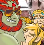  1girl 2boys armlet beard biting blonde_hair character_request colored_skin elf facial_hair forehead_jewel ganondorf green_skin huge_eyebrows interracial large_pectorals link long_hair male_focus mature_male multiple_boys muscular muscular_male newt_(deadlymuse76) official_alternate_costume orange_hair parody parody_request pectorals photo-referenced pointy_ears raised_eyebrow short_hair sucking_male_nipple sunglasses tattoo the_legend_of_zelda the_legend_of_zelda:_tears_of_the_kingdom thick_eyebrows yaoi 