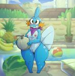  bandanna blue_body blush female flat_chested food fruit generation_3_pokemon genitals hi_res iguanasarecool invalid_tag kerchief mudkip nintendo plant pokemon pokemon_(species) pool pussy thick_thighs wide_hips 