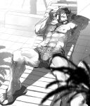  1boy abs arm_hair armpit_hair armpits arms_behind_head bara beard body_hair bulge chest_hair facial_hair foot_out_of_frame graves_(league_of_legends) greyscale hair_slicked_back hairy hands_up headphones karipaku large_pectorals league_of_legends leg_hair lying male_focus male_swimwear mature_male monochrome muscular muscular_male mustache navel navel_hair nipples official_alternate_costume on_back pectorals poolside removing_eyewear sandals short_hair solo sparkling_sweat spread_legs stomach sunglasses sunlight swim_trunks thick_eyebrows thick_thighs thighs topless_male wet 
