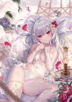  1girl beach blurry blurry_foreground blush bra bra_removed bracelet breasts cloud commentary english_commentary falling_petals flower grey_hair hair_flower hair_ornament hammock highres ito_lab jewelry lace lace_bra lace_panties long_hair looking_at_viewer lying medium_breasts navel o-ring o-ring_bottom o-ring_panties oil_lamp original outdoors palm_tree panties pantyhose parted_lips petals red_eyes red_flower see-through side-tie_panties solo sparkle star_(symbol) tree underwear water_drop wet white_bra white_flower white_pantyhose 