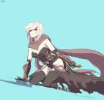  1girl arm_blade black_cape black_gloves black_leotard black_thighhighs blue_background breasts brown_scarf cape cleavage commentary_request dagger elbow_gloves expressionless full_body gloves guillotine_cross_(ragnarok_online) holding holding_dagger holding_knife holding_weapon kneeling knife kusabi_(aighe) leotard looking_at_viewer medium_breasts official_alternate_costume orange_eyes parted_lips ragnarok_online reverse_grip scarf short_hair simple_background solo thighhighs weapon white_hair 