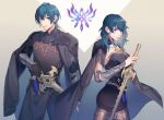  1boy 1girl armor ass black_cape black_gloves black_pants black_shirt black_skirt blue_eyes blue_hair breasts byleth_(female)_(fire_emblem) byleth_(fire_emblem) byleth_(male)_(fire_emblem) cape closed_mouth cowboy_shot dual_persona fire_emblem fire_emblem:_three_houses gloves grey_background grey_jacket hair_between_eyes highres holding holding_sword holding_weapon jacket knife kyounatsuuu lace lace_legwear looking_at_viewer medium_breasts medium_hair miniskirt pants shirt short_hair shoulder_armor skirt strapless strapless_shirt sword vambraces weapon 