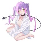  1girl alternate_costume bare_legs barefoot breasts choker cleavage demon_tail dreamoon dress_shirt green_eyes hair_bun hair_ornament highres hololive long_hair long_sleeves medium_breasts multicolored_hair naked_shirt no_bra open_clothes open_shirt pink_hair pointy_ears purple_hair shirt single_hair_bun sitting sleeves_past_fingers sleeves_past_wrists solo streaked_hair tail tokoyami_towa virtual_youtuber wariza white_shirt 