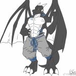  2017 3_toes abs angry anthro barefoot belly belly_markings belt black_body black_scales blue_markings blue_tattoo bottomwear brown_eyes clothed clothing countershade_neck countershade_torso countershading dated digital_media_(artwork) dragon facial_spikes fansl feet fist frown grey_bottomwear grey_clothing grey_pants hand_on_side horn jaw_spikes looking_at_viewer male markings membrane_(anatomy) membranous_wings muscular muscular_anthro muscular_male navel neck_markings pants parede_(tsgmorven) pecs pentagram raised_arm raised_fist rope rope_belt scales scalie signature simple_background solo spikes spikes_(anatomy) standing star_tattoo tattoo toes topless topless_anthro topless_male weibo weibo_logo white_background white_body white_horn white_scales white_spikes wings 