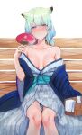  1girl abi_(user_nzav7333) absurdres animal_ears bare_shoulders bath_yukata blue_archive blush breasts breasts_apart bucket collarbone feet_out_of_frame green_hair hand_fan hanten_(clothes) highres holding holding_fan japanese_clothes kimono looking_at_viewer medium_breasts no_halo obi official_alternate_costume paper_fan purple_eyes sash shigure_(blue_archive) shigure_(hot_spring)_(blue_archive) short_twintails sitting solo sweat tokkuri twintails weasel_ears wooden_bucket yukata 