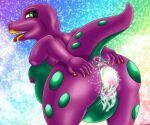  absurd_res anthro anus barney_and_friends barney_the_dinosaur bodily_fluids breasts crossgender dinosaur egg egg_from_pussy female gaping gaping_anus genital_fluids heartlessangel3d hi_res nipples oviposition pussy_juice reptile scalie solo stretched_pussy 