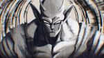  1boy antennae blank_eyes broonoart chromatic_aberration commentary_request dragon_ball dragon_ball_super dragon_ball_super_super_hero frown greyscale highres male_focus monochrome muscular muscular_male orange_piccolo piccolo pointy_ears portrait signature solo 