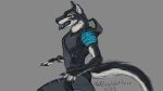  16:9 alaskan_malamute armor bottomwear breath canid canine canis clothing domestic_dog dragon hybrid infinite male mammal nordic_sled_dog panting pants pauldron science_fiction sleeveless smile solo spitz widescreen wolf wolfywetfurr wolfywetfurr_(artist) 