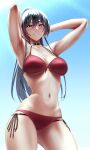  1girl absurdres armpits arms_behind_head arms_up bikini black_hair breasts cleavage commentary_request highres idolmaster idolmaster_shiny_colors light_rays long_hair looking_at_viewer medium_breasts multi-strapped_bikini navel outdoors ponytail red_bikini shirase_sakuya side-tie_bikini_bottom smile solo sunlight suwa763 swimsuit very_long_hair 