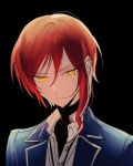  1boy black_background black_shirt blazer blue_jacket closed_mouth crying crying_with_eyes_open eichi_turnr ensemble_stars! jacket looking_at_viewer male_focus multicolored_hair red_hair sakasaki_natsume school_uniform shirt short_hair short_hair_with_long_locks solo tears turtleneck white_hair white_shirt yellow_eyes yumenosaki_school_uniform 