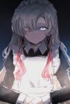  1girl alternate_costume apron black_dress closed_mouth collared_dress dress enmaided frilled_apron frills grey_eyes grey_hair hair_over_one_eye half-closed_eyes heterochromia highres isekai_joucho juliet_sleeves kamitsubaki_studio long_hair long_sleeves looking_at_viewer maid maid_apron maid_headdress multicolored_hair puffy_sleeves red_eyes red_hair rice_(okome_no_naru_ki) smile solo two-tone_hair upper_body very_long_hair white_apron 