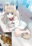  1girl 40hara :3 animal_collar animal_ear_fluff animal_ears aqua_eyes barefoot blunt_bangs cat cat_ears cat_tail closed_mouth collar commentary_request eyelashes faucet feet full_body hand_up highres indoors kinako_(40hara) legs_together light_brown_hair long_hair looking_at_viewer lying mirror off_shoulder on_side original oversized_clothes oversized_shirt photo-referenced photo_inset shirt sidelocks sink solo t-shirt tail toenails toes white_shirt 