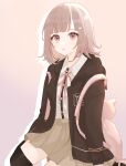  1girl animal_bag backpack bag black_shirt blunt_bangs brown_hair brown_jacket cat_bag danganronpa_(series) danganronpa_2:_goodbye_despair galaga hair_ornament highres ima_(kon_kon_5) jacket long_sleeves medium_hair nanami_chiaki neck_ribbon open_clothes open_jacket over-kneehighs pink_ribbon pleated_skirt ribbon shirt sitting skirt solo thighhighs two-tone_shirt white_shirt 