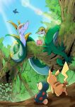  blue_sky closed_eyes closed_mouth cyndaquil flower forest highres looking_at_another nature open_mouth outdoors pikachu plant pokemon pokemon_(creature) q-chan red_eyes serperior shaymin shaymin_(sky) sitting_on_branch sky smile snivy sunlight tree 