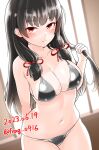  1girl bikini black_bikini black_hair breasts cleavage cowboy_shot dated furaggu_(frag_0416) hair_ribbon highres holding holding_hair isokaze_(kancolle) kantai_collection large_breasts leaning_forward long_hair lowleg lowleg_bikini one-hour_drawing_challenge red_eyes ribbon solo swimsuit tress_ribbon twitter_username 