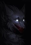  ambiguous_gender black_background blood blood_on_face bodily_fluids canid cheek_tuft empty_eyes facial_tuft fangs feral fur glowing glowing_eyes grey_body grey_fur head_tuft hi_res kolaa mammal neck_tuft simple_background solo teeth tuft 