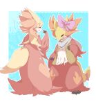  anthro blush bow_ribbon butt clothing delphox duo eyes_closed female flame_markings fluffy fluffy_tail fur generation_6_pokemon heart_(marking) hi_res inner_ear_fluff laugh male markings multicolored_body multicolored_fur nintendo open_mouth oppai_751 pokemon pokemon_(species) red_body red_fur scarf tail topwear tuft vest yellow_body yellow_fur 