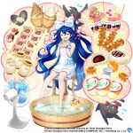  1girl alternate_costume bird black_cat blue_hair bottle bow bucket cat closed_eyes commentary copyright_name dango dress english_commentary food food_print full_body game_cg hair_bow ice_cream kaenbyou_rin kaenbyou_rin_(cat) long_hair looking_at_viewer milk_bottle musical_note open_mouth reiuji_utsuho reiuji_utsuho_(bird) rotte_(1109) rubber_duck third-party_source thought_bubble touhou touhou_lost_word very_long_hair wading wagashi white_bow white_dress wooden_bucket yogurt yorigami_jo&#039;on yorigami_shion yorigami_shion_(i_wanna_live_here!) 