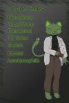  anthro clothing coat digital_media_(artwork) doctor doctorlimbs domestic_cat fangs felid feline felis green_body green_eyes green_hair green_text hair hindpaw lab_coat male mammal model_sheet paws pixel_(artwork) solo syringe tail teeth text topwear 