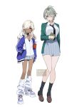  2girls alhaitham_(genshin_impact) black_choker black_necktie black_socks blue_jacket book breasts brown_footwear choker collared_shirt cyno_(genshin_impact) dark-skinned_female dark_skin full_body genderswap genderswap_(mtf) genshin_impact green_jacket grey_hair hair_over_one_eye harochan highres holding holding_book jacket large_breasts leg_warmers long_hair long_sleeves looking_at_viewer multiple_girls necktie open_clothes open_jacket pleated_skirt red_eyes shirt short_hair simple_background skirt small_breasts socks standing twitter_username white_background white_hair white_shirt 