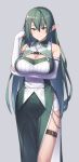  1girl absurdres bare_shoulders blush breasts cleavage cleavage_cutout clothing_cutout dress elbow_gloves elf fingerless_gloves gloves green_dress green_eyes green_hair hair_between_eyes hair_ornament highres ibuki_notsu large_breasts long_hair looking_at_viewer original pointy_ears side_slit smile solo thigh_strap thighs white_gloves 