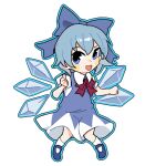  1girl blue_bow blue_dress blue_eyes blue_footwear blue_hair blush_stickers bow chibi cirno clenched_hand collared_shirt dress fairy fairy_wings fox_bbox hair_bow highres ice ice_wings mary_janes medium_dress open_mouth puffy_short_sleeves puffy_sleeves romaji_text shirt shoes short_hair short_sleeves sleeveless sleeveless_dress smile socks thumbs_up touhou triangle_print white_background white_shirt white_socks wings 