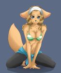  1girl absurdres animal_ears black_pants blonde_hair blue_eyes blush closed_mouth denim dog_ears dog_tail full_body head_scarf highres jeans kemonomono-blog kneeling long_hair looking_at_viewer one_piece pants simple_background smile solo swimsuit tail underwear wanda_(one_piece) 