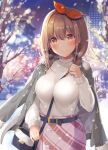  1girl bag belt between_breasts blurry blurry_background blush braid breasts brown_eyes brown_hair building city cityscape closed_mouth commentary_request grey_jacket hair_between_eyes hair_ribbon handbag highres jacket large_breasts medium_hair night original outdoors red_skirt ribbed_sweater ribbon shiro_kuma_shake skirt smile snow solo standing strap_between_breasts sweater tree twin_braids white_sweater 
