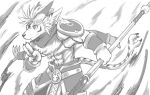  4_arms abs anthro armor canid chest_tuft clothed clothing ears_back facial_markings head_markings holding_object holding_weapon inner_ear_fluff kuttoyaki male mammal markings monochrome mouth_closed multi_arm multi_limb pivoted_ears simple_background solo standing striped_markings striped_tail stripes tail tail_markings tuft weapon 