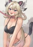  1girl absurdres all_fours animal_ears black_bra black_panties blonde_hair blue_eyes blush bow bow_bra bra breasts cat_ears cat_tail cleavage collar collarbone commission eien_project fake_animal_ears fake_tail hair_between_eyes highres human_dog large_breasts leash long_hair open_mouth panties pet_play pink_collar skeb_commission skye_shinryu solo tail teeth tenpa_(tenpa2190) tongue tongue_out underwear underwear_only upper_teeth_only virtual_youtuber 