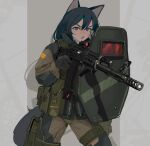  1girl absurdres animal_ears black_gloves black_hair blue_eyes gloves gun highres holding holding_gun holding_shield holding_weapon long_hair looking_at_viewer military military_uniform open_mouth original polilla riot_shield shield solo tail uniform weapon 