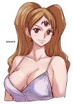  1girl aosora2823 armpit_crease artist_name breasts brown_eyes brown_hair charlotte_pudding cleavage highres large_breasts long_hair one_piece parted_bangs simple_background smile solo third_eye twintails upper_body white_background 