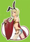  1girl animal_ears ass back bikini blonde_hair blue_eyes blunt_bangs closed_mouth commentary_request cowboy_shot detached_sleeves fake_animal_ears green_background gypsy_(ragnarok_online) harem_pants holding holding_whip looking_at_viewer lowres outline pants rabbit_ears ragnarok_online red_sleeves see-through short_bangs short_hair simple_background smile solo swimsuit umaruzo white_outline white_pants wide_sleeves yellow_bikini 