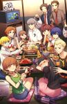  6+boys 6+girls :d :t ^_^ adachi_tooru amagi_yukiko architecture black_eyes black_hair blonde_hair blue_eyes blue_hair blush brother_and_sister brown_eyes brown_hair casual closed_eyes closed_mouth commentary dinner doujima_nanako doujima_ryoutarou drooling east_asian_architecture eating english_commentary father_and_daughter flying_sweatdrops friends full-face_blush grey_eyes grey_hair hair_between_eyes hanamura_yousuke hands_on_own_cheeks hands_on_own_face happy highres indoors jack_frost kujikawa_rise kuki_tan kuma_(persona_4) long_hair looking_at_another low_twintails marie_(persona_4) mouth_drool multiple_boys multiple_girls nabe narukami_yuu necktie open_mouth persona persona_4 red_necktie satonaka_chie shirogane_naoto short_hair siblings sitting sleeping smile sparkle spiked_hair sweatdrop swept_bangs table tatami tatsumi_kanji television twintails weathergirl 