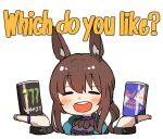  1girl amiya_(arknights) amonitto animal_ears arknights black_jacket blue_choker blush brown_hair can choker closed_eyes commentary_request cropped_torso energy_drink english_text facing_viewer hands_up jacket jewelry long_hair monster_energy multiple_rings open_mouth ponytail rabbit_ears red_bull ring simple_background smile solo teeth upper_teeth_only white_background 