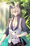  1boy absurdres animal_ear_fluff animal_ears arknights black_pants blurry blurry_background brown_eyes collarbone collared_shirt depth_of_field dress_shirt grey_hair grey_shirt hair_between_eyes half-closed_eyes highres leopard_ears long_hair looking_at_viewer male_focus pants shirt short_sleeves signature silverash_(arknights) solo vest water waterfall white_vest yoruyume 