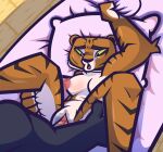  absurd_res anthro bed dreamworks duo felid female furniture genitals hi_res holding_bed kung_fu_panda lying male male/female mammal master_tigress on_back pantherine po pussy sex smile tiger yellowcyann 