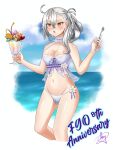  ahoge albino angie beach blush braid fate/grand_order fate_(series) food fruit glass highres holding holding_food ice_cream looking_at_object ocean olga_marie_animusphere open_mouth orange_eyes parfait spoon summer surprised swimsuit u-olga_marie white_hair 