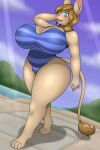  &lt;3 &lt;3_eyes 2:3 4_toes 5_fingers absurd_res anthro beach belly big_breasts blue_clothing blue_eyes blush breasts brown_body brown_hair cel_shading cleavage cleavage_cutout clothed clothing cloud curvy_figure day dipodid dutch_angle feet female fingers full-length_portrait glistening glistening_body glistening_hair hair hand_behind_head hi_res huge_breasts huge_hips huge_thighs jerboa johnmarten light long_tail looking_at_viewer mammal mature_female mountain one-piece_swimsuit open_mouth outside pattern_clothing pink_nose portrait raised_arm rodent sand seaside shaded shadow sky slightly_chubby solo striped_clothing stripes sunlight swimwear tagme tail tail_tuft tan_body thick_thighs toes tuft voluptuous 