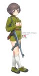  1girl brown_hair character_request girls_und_panzer green_footwear gun holding kneehighs military military_uniform short_hair simple_background socks solo uniform weapon white_background white_socks zhongye_yu 