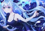  1girl air_bubble aqua_eyes armpits asymmetrical_dress black_dress black_ribbon blue_hair blurry breasts bubble cleavage collarbone depth_of_field dress eyelashes floating_hair hair_between_eyes hair_ribbon hatsune_miku light_blue_hair long_hair looking_at_viewer madori_azu pale_skin ribbon shinkai_shoujo_(vocaloid) sideboob sideways_glance solo submerged twintails underwater very_long_hair vocaloid 