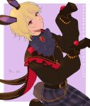  1boy :o animal_ears black_gloves black_shirt blonde_hair blue_bow border bow ensemble_stars! fake_animal_ears gloves grey_border highres kyo_sla_1415 long_sleeves looking_at_viewer male_focus nito_nazuna plaid plaid_shorts purple_background rabbit_boy rabbit_ears rabbit_tail red_eyes shirt short_hair shorts solo tail 