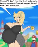  baby_trapping black_clothing black_dress blonde_hair blue_eyes bowser bowsette_meme clothed clothing crown dialogue dress duo female foxtide888 hair headgear horn human humanoid koopa looking_back male mammal mario mario_bros meme nintendo pregnant scalie sharp_teeth shell shocked_expression smile speech_bubble spiked_shell spikes spikes_(anatomy) super_crown teeth text 