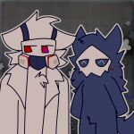  ambiguous_gender anthro black_sclera blush blush_lines canid canine canis changed_(video_game) chest_tuft clothing coat dr._k_(changed) duo fur gas_mask goo_creature grey_background head_tuft hi_res lab_coat male mammal mask puro_(changed) red_eyes renderedthefox simple_background straps topwear tuft white_body white_fur wolf 